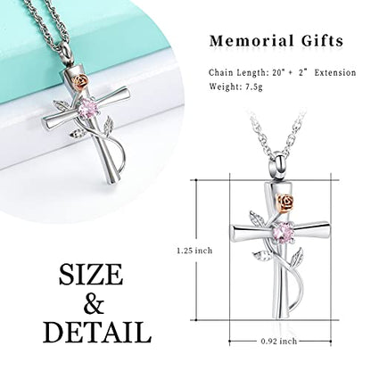 shajwo Cross Urn Necklace for Ashes Birthstone Rose Flower Cremation Jewelry for Women Gilrs Keepsake Memorial Ashes Pendant - color: Pink