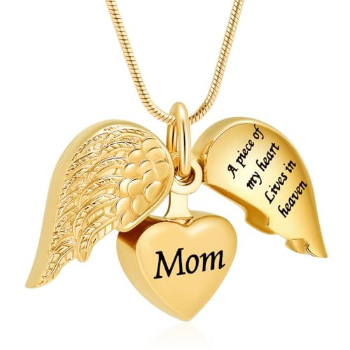 Cremation Jewelry Heart Urn Necklace for Human Ashes for Women Men A Piece of My Heart Lives in Heaven Memorial Ashes Keepsake Pendant - color: Gold-Mom