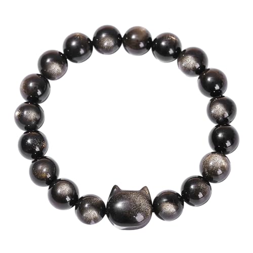 Cupimatch Women Cat Paw Bracelet: 8mm Natural Obsidian Healing Crystal Stretch Bracelet Adjustable Pet Memorial Jewelry for Women - color: black