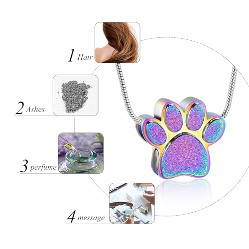 Pet Urns For Dogs/Cats - Pet Ashes Necklace - Paw Print Urn Necklace with Mini Keepsake Urn Memorial Ash Jewelry - color: Colorful