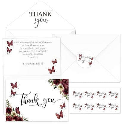 Fumete 50 Set Funeral Thank You Cards, Red Butterfly - style: Red Butterfly