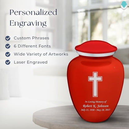 Geturns - Adult Personalized Simple Cross Cremation Urns for Human Ashes I Large Bright Red Funeral Urn for Men and Women I 200 lbs - color: Bright Red
