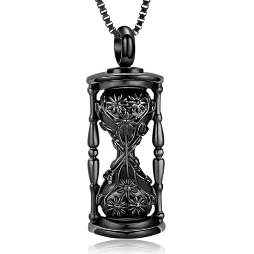 XSMZB Sunflower Hourglass Urn Necklaces for Ashes Human Pet Memorial Jewelry for Ashes Cremation Keepsake Pendant for Men Women - color: Black