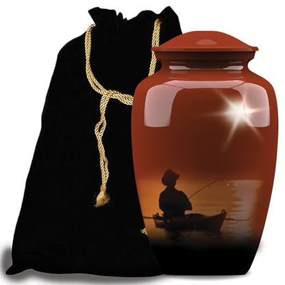 Forever URNS Adult Cremation Funeral Urn with Printed Fishing Man Theme for Human Ashes of Female & Male | 200 cu in | Large | Multicolor | Completely Handcrafted with Velvet Protection Bag
