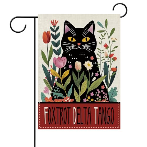 Dyrenson Funny Foxtrot Delta Tango Black Cat Floral Decorative Garden Flag | Spring Summer Flower Sarcastic Yard Outside Home Decoration, Humorous Burlap Outdoor Small Decor Double Sided 12 x 18 - color: Black Cat, size: 12" x 18"