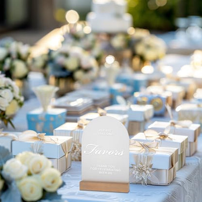 Acrylic Wedding Favors Sign for Reception with Wood Stand, 5 x 7 | Wedding signage guides guests to favors; frosted acrylic table sign with UV-printed white text and beech wood stand. - size: Favors Sign