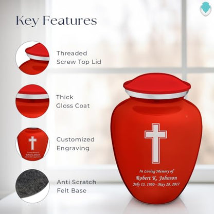 Geturns - Adult Personalized Simple Cross Cremation Urns for Human Ashes I Large Bright Red Funeral Urn for Men and Women I 200 lbs - color: Bright Red