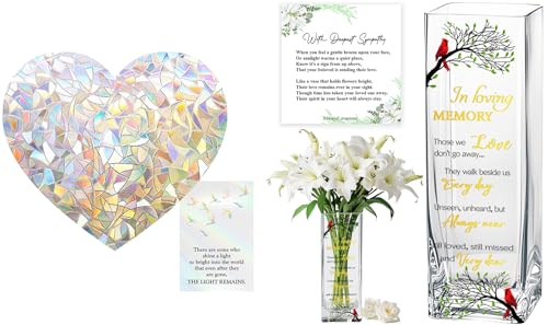 Sympathy Memorial Flowers Vase, Cardinal Grief Gifts for Loss of Love One, Sympathy Memorial Suncatcher Cards, Grief Rainbow Window Sticker, Sorry for Your Loss of Loved One