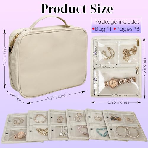 Travel Jewelry Organizer Case,Jewelry Bags Jewelry Storage Book Binder with Clear Zipper Velvet Pouch for Traveling,Earrings, Rings, Necklace, Bracelet (White) - color: Beige