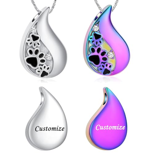 Yinplsmemory Pet Paw Print Teardrop Urn Necklace for Ashes for Dog/Cat Ashes Keepsake Memorial Pet Cremation Jewelry - color: Customize