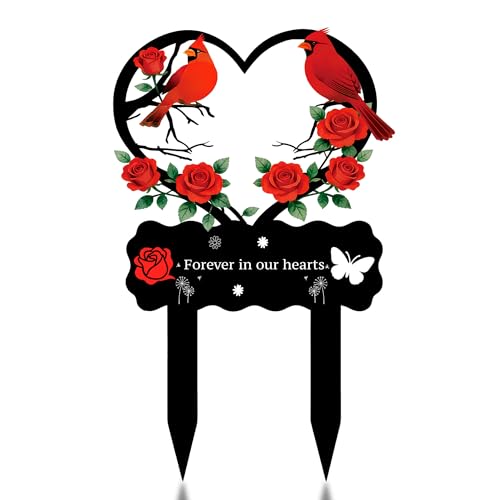 Heart Memorial Plaque Grave Marker for Cemetery,Cardinal Memorial Grave Markers Cemetery Decorations for Grave,Metal Grave Markers Plaque Sympathy Garden Stake - size: 16IN