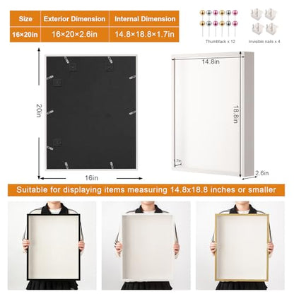 16x20 Large Shadow Box Frame with Thickened Acrylic Panel & Pins | With Push Pins, Deep 1.7" White Shadow Box Display Case – Display on Tabletop or Wall for Jersey, T-shirt, Keepsake, Wedding - color: White+high Definition Panel + Shatter-proof Packaging,