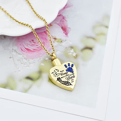 Fashion Pet Cremation Jewelry Stainess Steel Heart Keepsake Ashes Necklace Dog Cat Paw Memorial Urn Pendant - color: Gold-Feather-Dark Blue