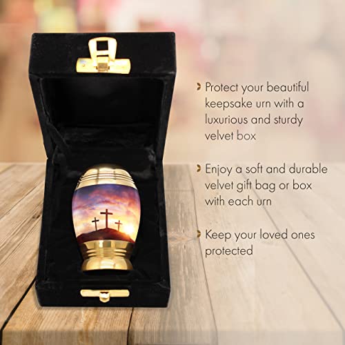 Sunset Cross Keepsake Urns for Human Ashes with Velvet Gift Box for Cremation Keepsakes for Ashes - Small Cremation Urn and Small Keepsake Urn Set of 4 - color: Three Crosses Sunset