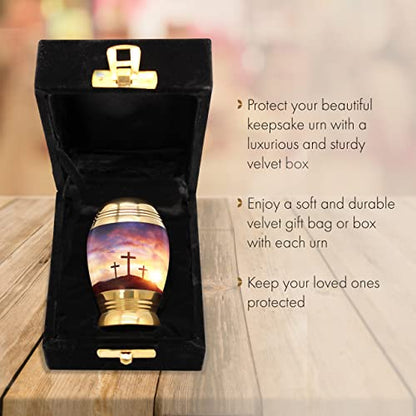 Sunset Cross Keepsake Urns for Human Ashes with Velvet Gift Box for Cremation Keepsakes for Ashes - Small Cremation Urn and Small Keepsake Urn Set of 4 - color: Three Crosses Sunset