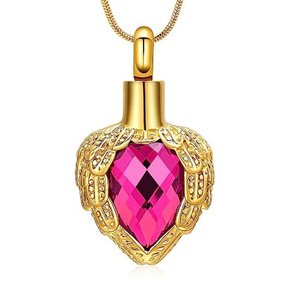 memorial jewelry Gold Angel Wings Glass Heart Urn Pet/Human Cremation Pendant Necklace Jewelry for Ashes - color: Pink