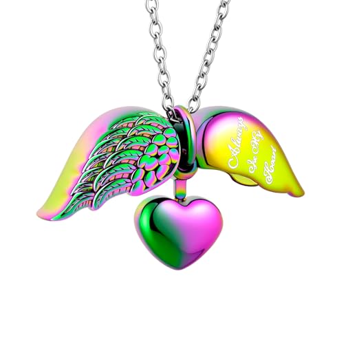 Angel Wing Heart Cremation Jewelry for Ashes Pendant Urn Necklace with Mini Keepsake Urn Memorial Ashes Jewelry for Women Men - color: Colorful
