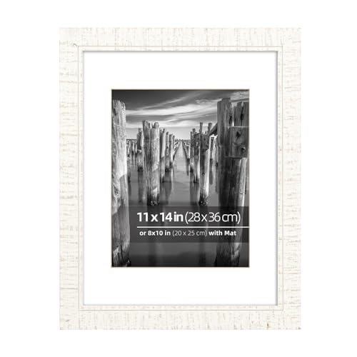 11x14 inch Band Sawn Textured Wood Picture Frame with Groove, Multiple Display Option, Real Glass Cover, with Mat 8 x10 inch, Distressed White Stained and Sanded - color: Washed White, size: 11x14 in Matted to 8x10 in