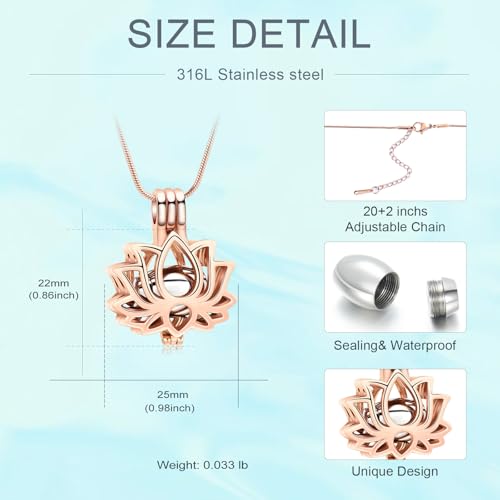 Cremation Jewelry Lotus Flower Urn Necklaces for Ashes Stainless Stell Memorial Ash Pendant Necklaces with Mini Urn Keepsake Ash Jewelry for Men Women Gifts with Funnel Filler Kit - color: Rose-Silver