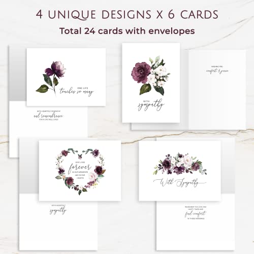 Sympathy Cards with Envelopes - 24 Pre-Scored Sympathy Cards with a Sentimental Design and a Thoughtful Message - 4 Unique Condolences Card Designs (Purple)