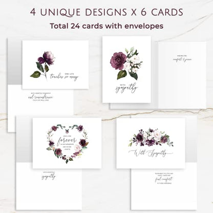 Sympathy Cards with Envelopes - 24 Pre-Scored Sympathy Cards with a Sentimental Design and a Thoughtful Message - 4 Unique Condolences Card Designs (Purple)