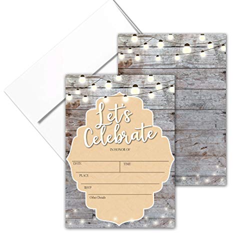 Stonehouse Collection | Let's Celebrate | Rustic Fill-in Party Invitations With Envelopes | 25 Invites & Envelopes | Wedding, Baby Shower, Rehearsal Dinner, Birthday Party (Lets Celebrate) - color: Lets Celebrate