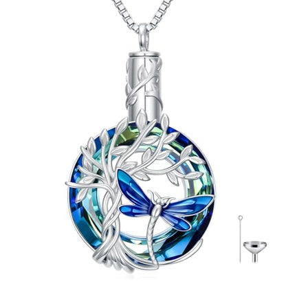 TOUPOP Butterfly Necklace for Women 925 Sterling Silver Tree of Life Butterflies Dragonfly Hummingbird Pendant Necklaces Crystal Jewelry Anniversary Christmas Birthday Gift for Her - color: Dragonfly Blue - Urn
