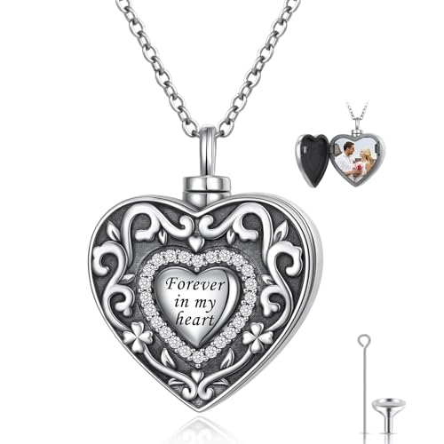 DAOCHONG Heart Urn Locket Necklace Photo Memorial Jewelry for Women | Sterling Silver Picture Locket Pendant | Human Pet Ashes Keepsake | Memorial for Loved Ones