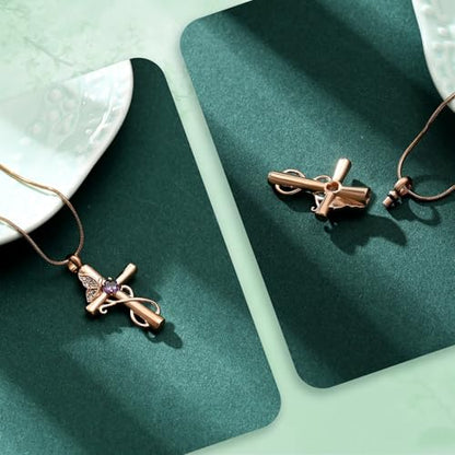 Butterfly Cross Cremation Jewelry Urn Necklaces Cross Butterfly Urn Necklaces for Ashes Memorial Keepsake Pendant for Women Men Gifts With Funnel Kit & Bag - color: Rose+Purple