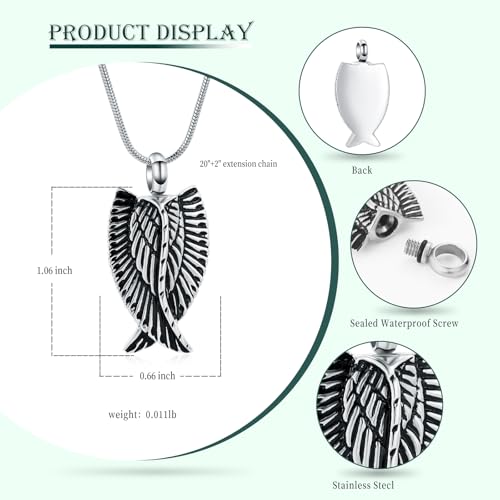 Angel Wings Cremation Jewelry Necklaces Stainless Steel Urn Necklaces for Ashes Memorial Keepsake Pendant for Women Men Gifts With Funnel Kit & Bag - color: SilverBlack