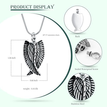 Angel Wings Cremation Jewelry Necklaces Stainless Steel Urn Necklaces for Ashes Memorial Keepsake Pendant for Women Men Gifts With Funnel Kit & Bag - color: SilverBlack
