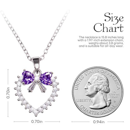 Bow Heart Pendent Pendant Necklace for Women White Crystal Necklace Dainty Silver Plated Necklace Bow Jewelry with Zirconia, Heart Choker Necklaces for Her Gifts - style: Purple heart