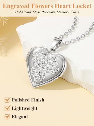 Custom4U Personalized Heart Locket Necklace with Pictures,Sunflower/Angel Wings/Heart Shaped Lockets Custom Photo,Gold/Rose Gold/White Lockets That Holds Picture,Customized Memorial Jewelry for Women - color: C-Heart-Steel(Locket Only)