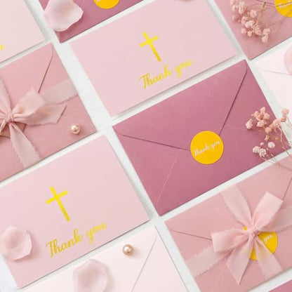 Resurhang 30 Pack Baptism Thank You Cards with Envelope and Stickers 4 x 6 Inch Gold Foil Embossed Cross Blank Inside Cards Bulk for Baptism Funeral Baby Shower Party Supplies(Pink) - color: Pink