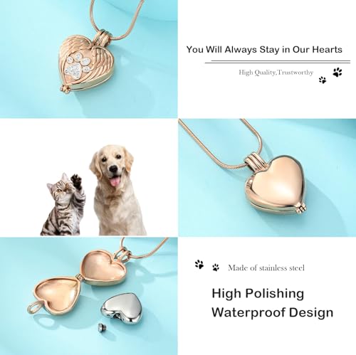 zeqingjw Pet Cremation Jewelry for Ashes Pendant Paw Print Pet Heart Urn Necklace Memorial Keepsake Jewelry for Pet/Dog's/Cat's Ashes - color: Wing Heart-Rose Gold