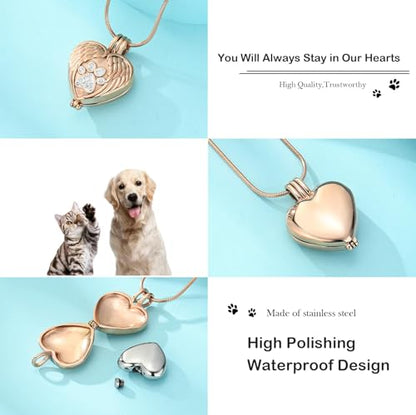 zeqingjw Pet Cremation Jewelry for Ashes Pendant Paw Print Pet Heart Urn Necklace Memorial Keepsake Jewelry for Pet/Dog's/Cat's Ashes - color: Wing Heart-Rose Gold
