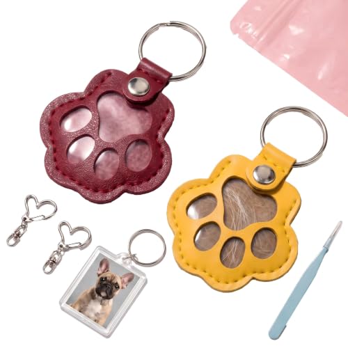 Leather Pet Fur Keepsake Keychain Gift, 2 Pcs - color: Yellow & Red