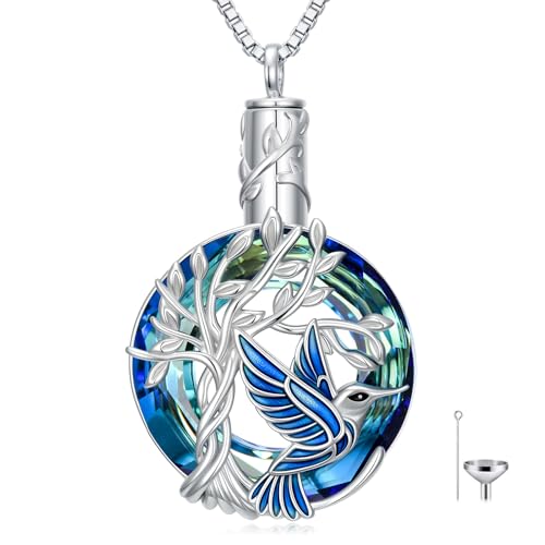 TOUPOP Butterfly Necklace for Women 925 Sterling Silver Tree of Life Butterflies Dragonfly Hummingbird Pendant Necklaces Crystal Jewelry Anniversary Christmas Birthday Gift for Her - color: Hummingbird Blue - Urn