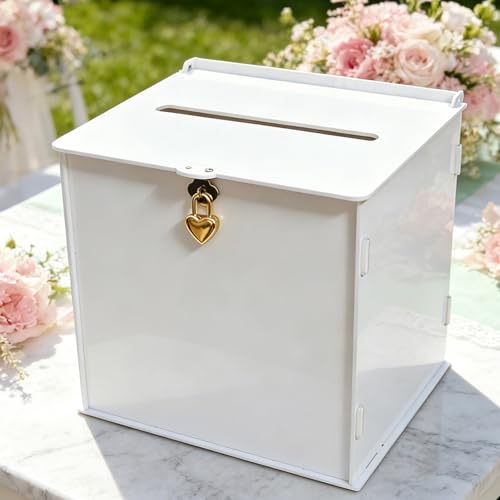 White Acrylic Card Box with Gold Heart Lock, Modern DIY Blank Wedding Card Boxes for Reception Monetary Gifts, Customizable Envelope Box for Party Graduation Bridal Baby Shower All Occasion - color: White