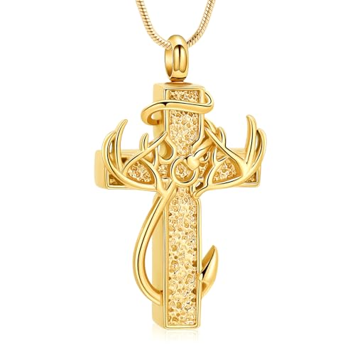 zeqingjw Cross Urn Necklace Fish Hook Cremation Jewelry for Ashes Pendant Stainless Steel Deer Antler Cross Memorial Human Pet Keepsake Ashes Holder for Men Women - color: Gold