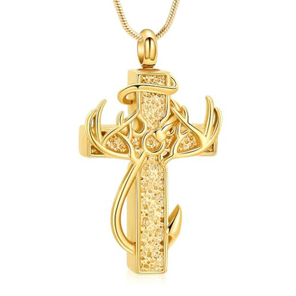 zeqingjw Cross Urn Necklace Fish Hook Cremation Jewelry for Ashes Pendant Stainless Steel Deer Antler Cross Memorial Human Pet Keepsake Ashes Holder for Men Women - color: Gold