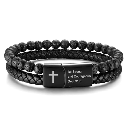 Men's Cross Bracelet for Men : Inspirational Bible Verse Black Leather Bracelets Christian Catholic Religious Jewelry Gifts Ideas for Man, Healing Lava Rock Bead Cross Bracelet Leather Wristband - color: Be Strong and Courageous..., size: Small(fit 5.7" t