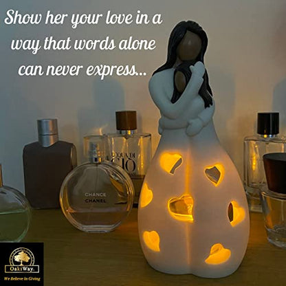 OakiWay Mother-Daughter Love Candle Holder Statue with Flickering LED Candle | Hand-Painted (Dark) - Unique Gifts for Mother's Day, Christmas, Birthday | Greeting Card Included - color: Mom & Daughter (Dark)