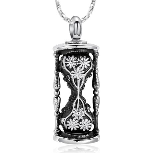 Imrsanl Cremation Jewelry for Ashes Flower Hourglass Urn Necklace for Women Ashes Holder Memorial Pendant Loved Ones Funeral Keepsake - color: Silver-Black
