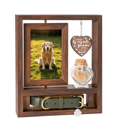 3 in 1 Dog Memorial Frame, Rotating Wood Frame with Fur Jar | Rotating Wooden Pet Memorial Frame for 4×6 Photos, Heart Glass Fur Jar, Collar Storage Slot, Bereavement Keepsake Gift