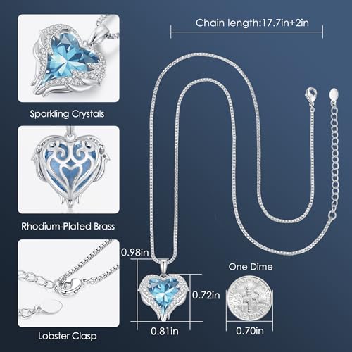 CDE Angel Wings Heart Birthstone Pendant Necklace Gift for Women | Silver/Gold Tone,Ideal Birthday & Anniversary Jewelry Gift for Wife,Girlfriend,Her - color: White-03-Aquamarine Light Blue Birthstone