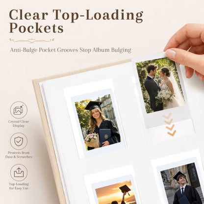 Ruibytree 128 Pockets Instax Mini Photo Album for 2x3 Pictures, Beige | Writing Space, Premium Linen Hardcover, Flat-Fit Pockets, Wedding Guest Book for Polaroid 2x3 Photos, Graduation Keepsakes - color: Beige