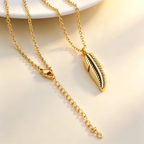 SIYUU Feather Urn Necklace Hold Cremation Ashes Keepsake Memorial Jewelry Stainless Steel Personalized Funeral Jewelry for Women Men - color: Gold