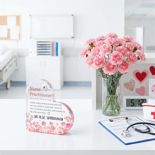 Smile Nurses Week Heart-Shaped Acrylic Tabletop Decor Nurse Practitioner Definition Desktop Plaque with Floral Nurse Cap Indoor Home & Office Decor - style: Nurse