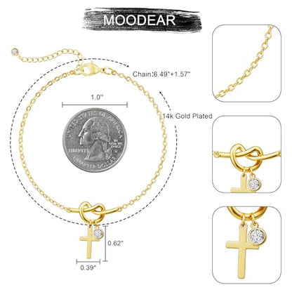 Moodear Cross Bracelet for Women, Dainty Sterling Silver/Gold Plated Gift | Christian Religious Gifts for Teen, Stocking Stuffers, Adjustable Link Bracelets, Sparkling CZ Cross, Non Tarnish Jewelry - color: Gold Knot Cross Bracelet